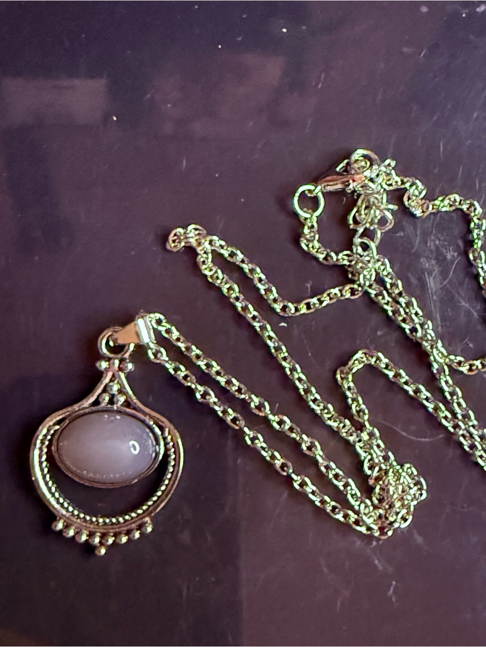 SILVER Tone Pendant Necklace with GREY Quartz Cabochon